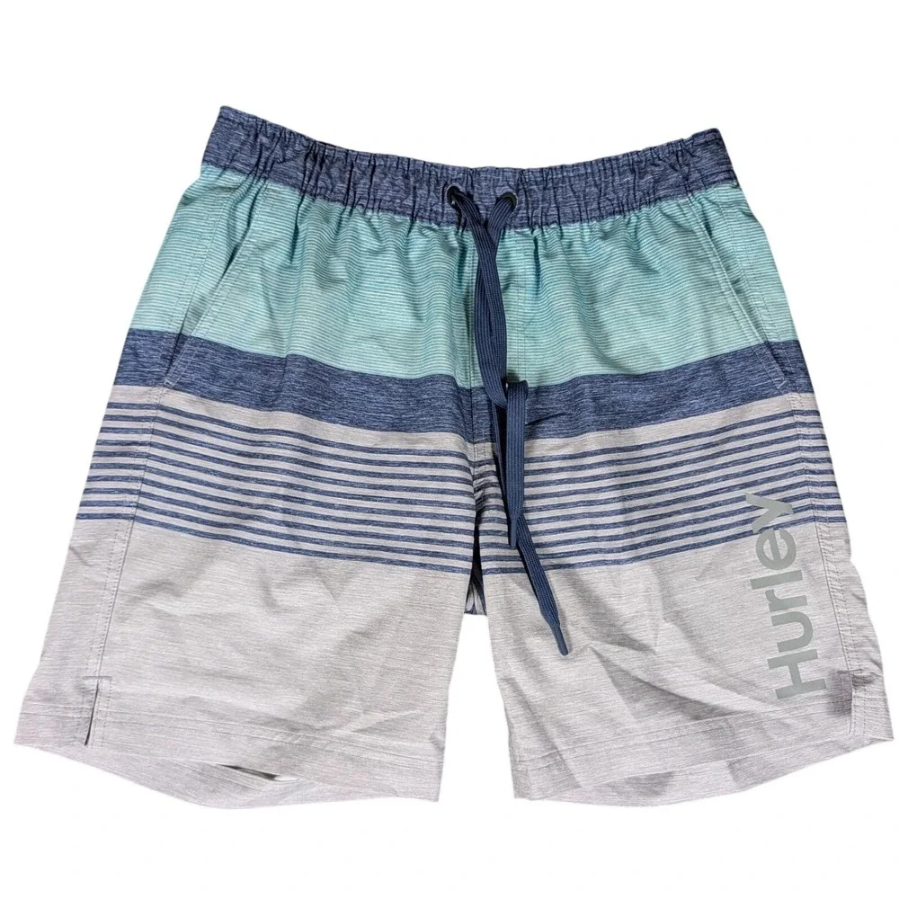 Hurley Mens Striped Board Shorts Blue Grey Elastic Waist Swim Trunks L